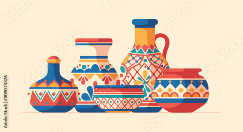 Colorful geometric patterned pots in flat design style