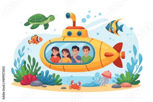 Family enjoys underwater adventure in a yellow submarine exploring ocean life