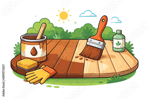 Applying wood stain to a deck with a brush, gloves, and a can of stain