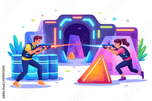 Young people playing laser tag in a futuristic arena with neon lights and obstacles