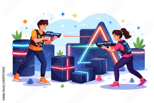 Children playing laser tag in a neon-lit arena with futuristic obstacles and glowing effects