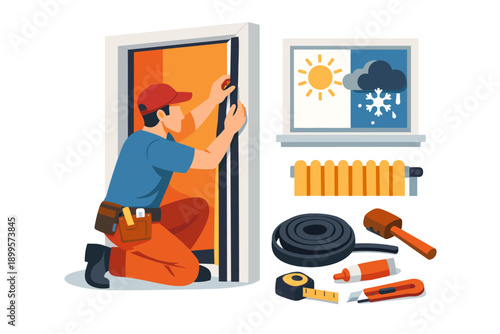 Home improvement worker installing weather stripping on a door to improve energy efficiency