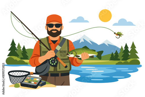 Happy fly fisherman holding a freshly caught trout with mountains and lake in background