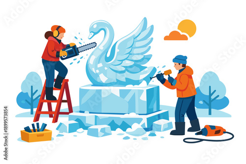 Artists meticulously carve a majestic ice swan sculpture on a bright winter day