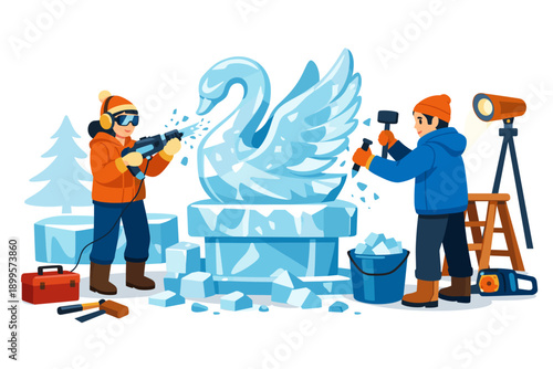 Artists meticulously carve a majestic ice swan sculpture during a winter festival event