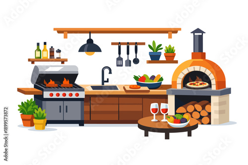 Outdoor kitchen scene with grill, pizza oven, and fresh ingredients ready for cooking