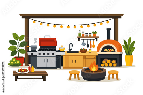 Outdoor kitchen with grill, pizza oven, and fire pit for entertaining guests