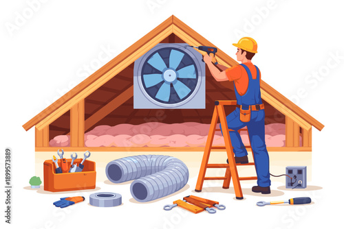 Attic ventilation system installation by a worker using a drill and ladder