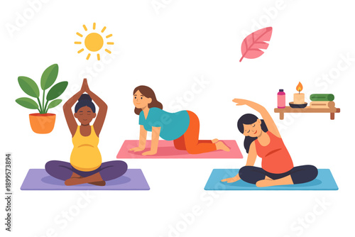 Pregnant women practicing yoga in a serene environment with plants and sunlight