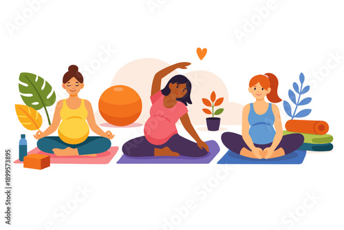 Diverse pregnant women practicing yoga and stretching for wellness and healthy pregnancy