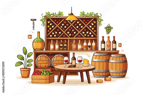 Cozy wine cellar scene with bottles, barrels, grapes, and cheese on a table