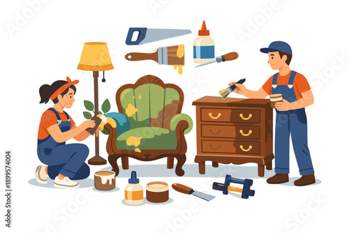 Couple restoring old furniture with paint and tools, DIY home improvement project