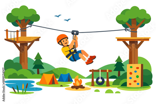 Child enjoys ziplining adventure park with camping and climbing wall activities