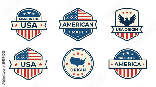 Set of patriotic emblems featuring American flag and eagle designs, symbolizing USA origin and pride, presented in a collection of graphic illustrations.