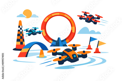 Drone racing competition with aerial obstacles and colorful flags on a bright day