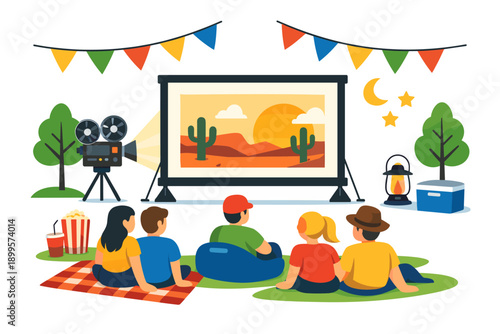 Outdoor movie night with friends watching a desert scene on a projector screen