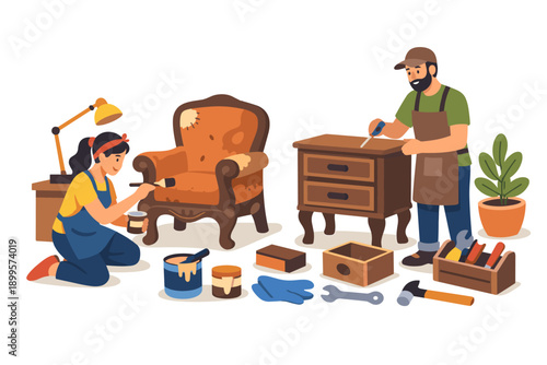 Two people restoring old furniture, one painting an armchair and the other fixing a cabinet