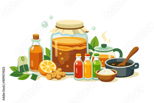 Kombucha brewing ingredients and equipment for healthy fermented tea beverage