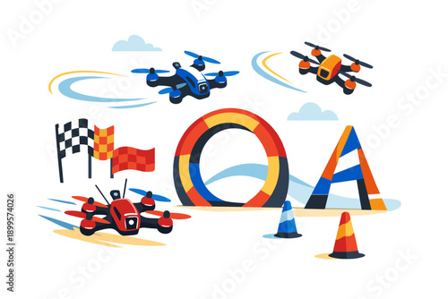 Drone racing course with colorful obstacles and checkered flags, dynamic aerial competition