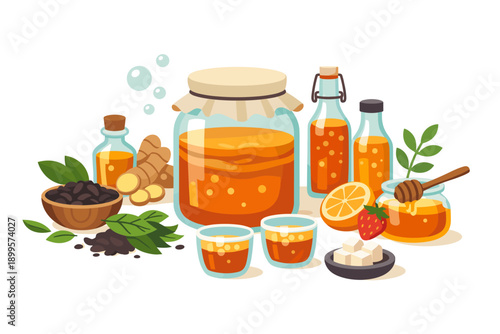 Kombucha ingredients and brewing supplies arranged in a vibrant, healthy composition