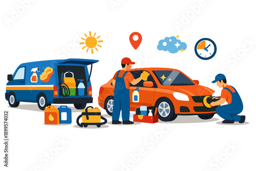 Mobile car wash service with workers and equipment arriving in a van