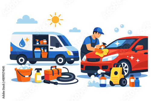 Mobile car wash service with professional detailing and cleaning supplies