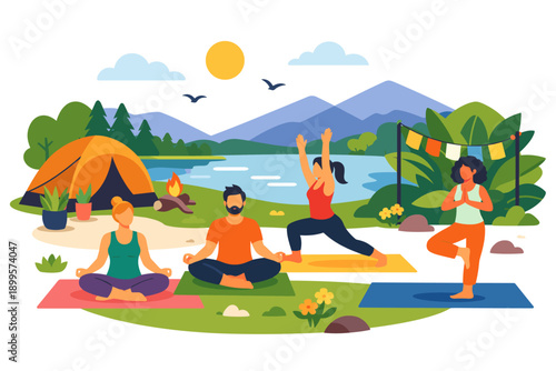 Group of people practicing yoga outdoors by a lake with a tent and mountains in the background