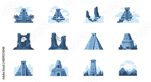 Ancient pyramid silhouettes: mystical landmark illustrations in monochrome style