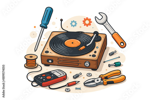 Vintage record player repair with tools and electronic components illustration