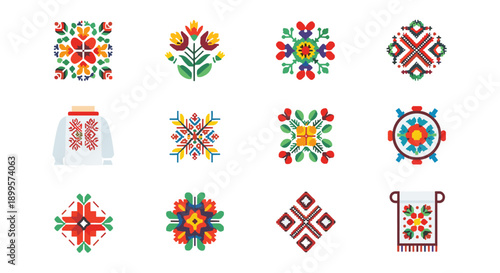Traditional ukrainian embroidery patterns and floral designs on white background