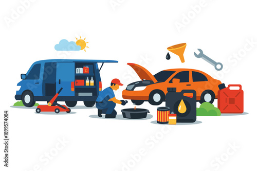 Car mechanic performing oil change service with tools and supplies near a van
