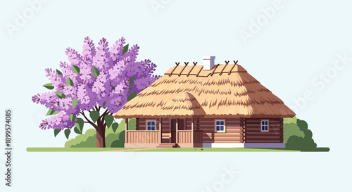 Peaceful countryside scene with traditional wooden cottage and lilac tree in bloom