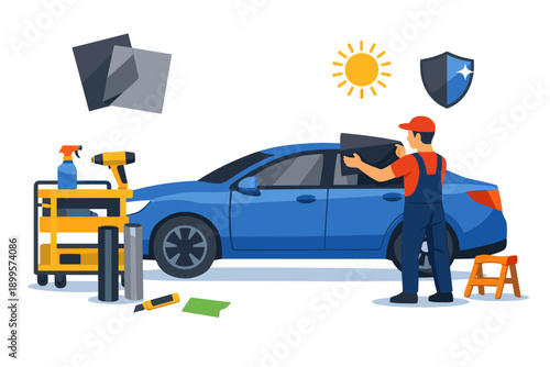 Professional car window tinting service with tools and protective shield icon