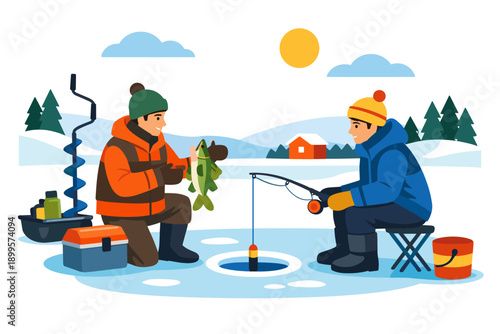 Two men enjoying ice fishing on a frozen lake with a catch and fishing gear