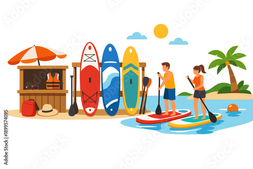 Couple paddleboarding on a sunny day with surfboards lined up on the beach