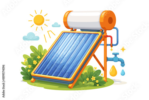 Solar water heater system with sun, clouds, and flowing water in a green environment