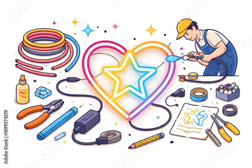 Neon sign maker crafting a colorful heart and star with tools and materials