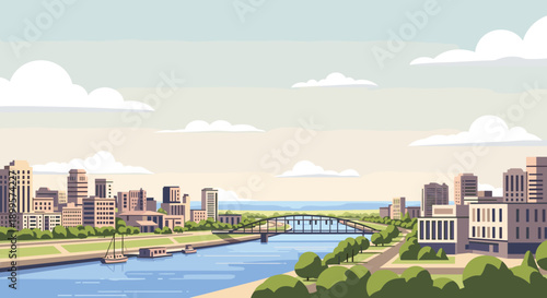 Scenic urban riverside panorama with modern cityscape and bridge in flat design
