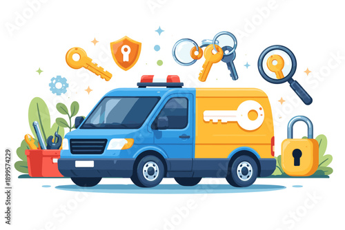 Mobile locksmith service van with keys, lock, shield, and tools for security solutions