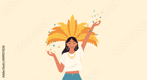 Joyful woman celebrating carnival with colorful confetti and festive headpiece