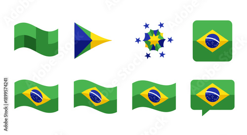 Brazilian flag icons set: modern geometric designs in vibrant green, yellow, and blue