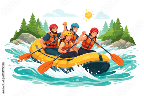 Group of friends enjoying a thrilling white water rafting adventure on a sunny day