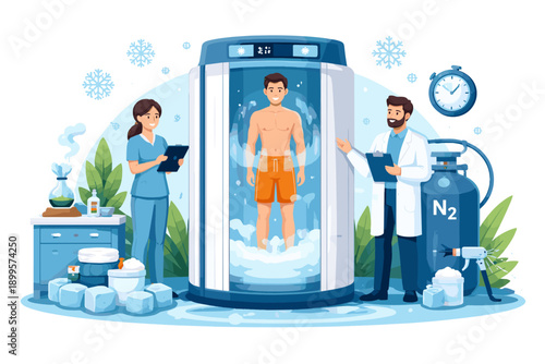 Cryotherapy session with medical professionals monitoring patient in cold chamber
