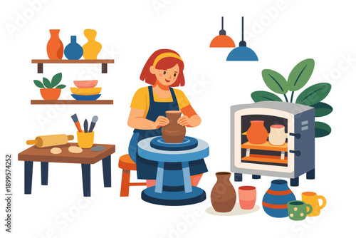 Woman artist shaping clay on a pottery wheel in a bright studio setting