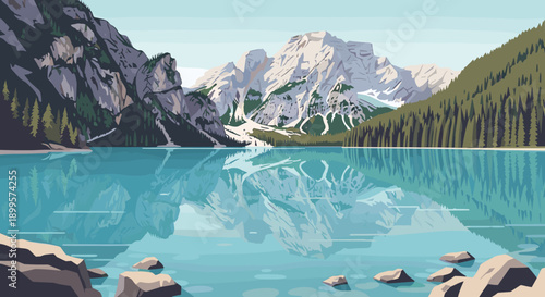 Tranquil mountain lake with serene reflection and pine forest