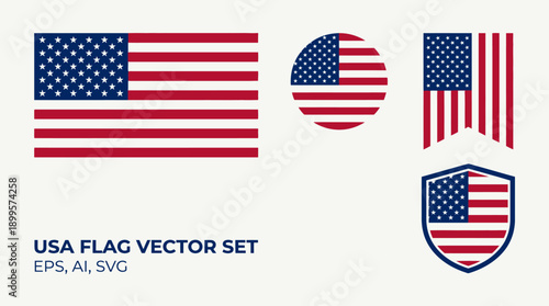 Vector set of USA flag designs in various shapes and formats including rectangular, circular, shield, and banner styles