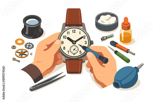 Watchmaker meticulously repairs timepiece with specialized tools and magnifying glass