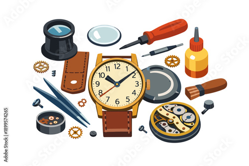 Watchmaking tools and disassembled timepiece components arranged for repair and maintenance