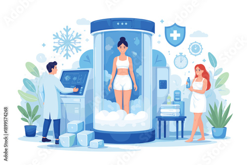 Cryotherapy session in a modern clinic with a doctor and patient in a futuristic chamber