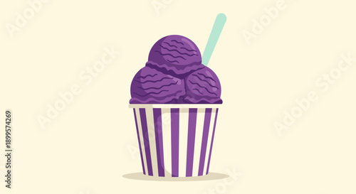 Sweet purple ice cream in striped cup: tasty summer treat